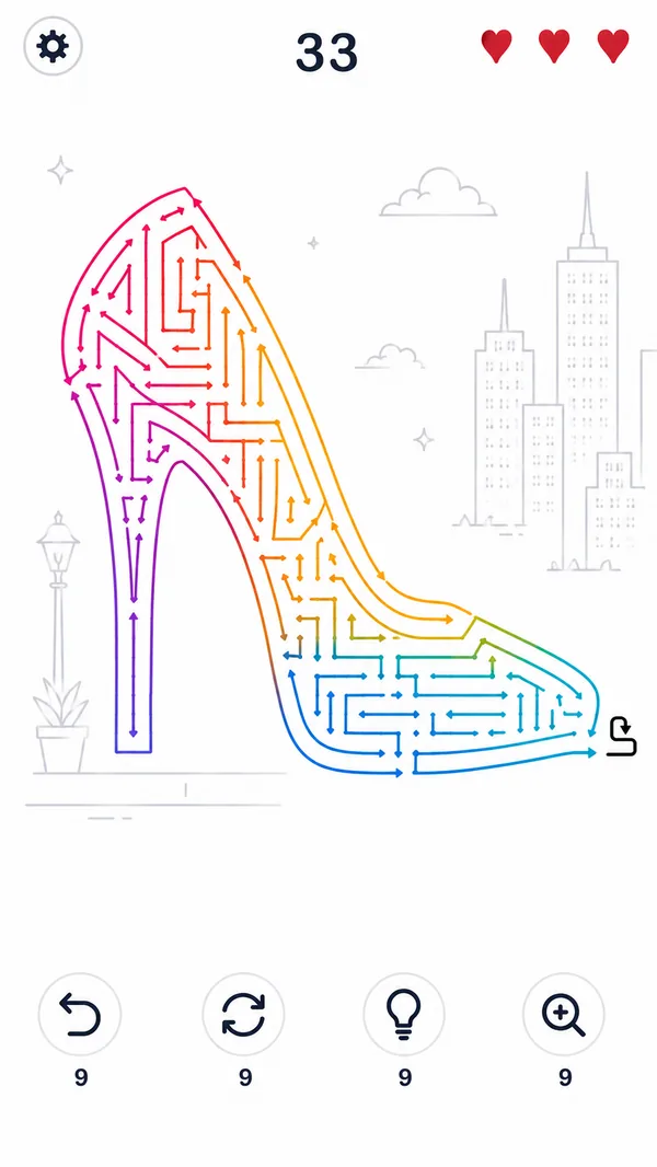 Aeroshoot level: a high heel drawn in arrows over a city skyline